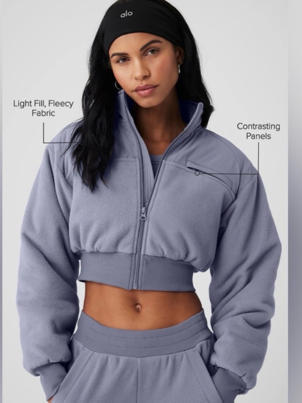 ALO Yoga Polar Fleece Cropped Wintry Mix Jacket Fog Blue Grey Medium!